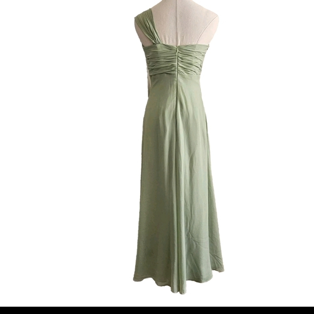 Light Green Chiffon Bridesmaids Prom Cocktail Gala One Shoulder Maxi Dress - Picture 4 of 14